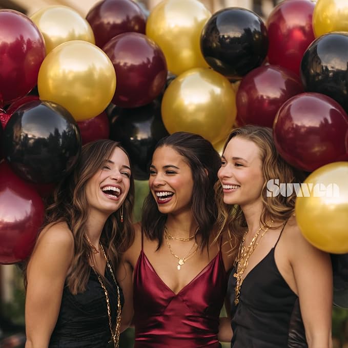 SUWEN Maroon and Gold Balloons, 60Pcs 12inch Burgundy Metallic Gold and Black Latex Balloons Kit for Birthday Graduation Anniversary Party Decoration