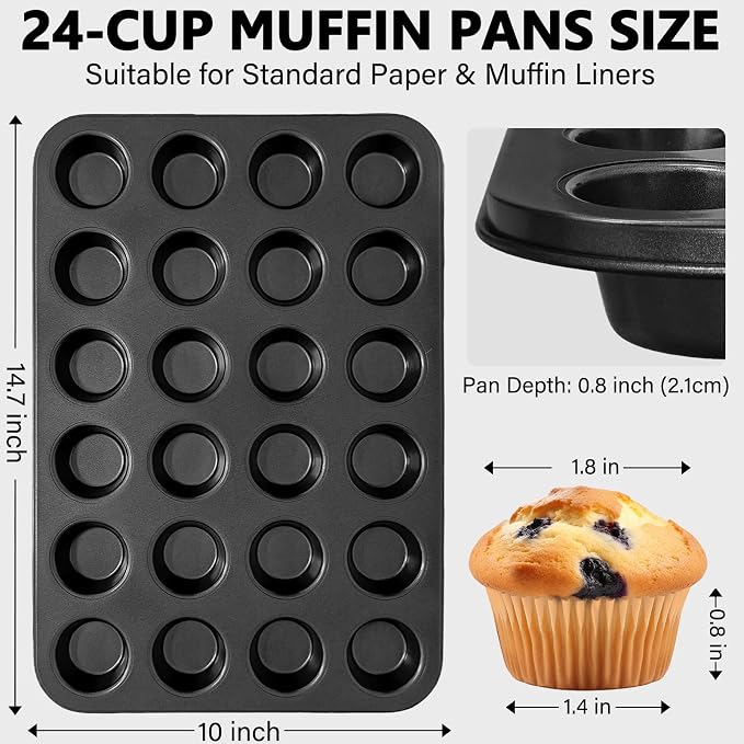 2 Pack Mini Muffin Pan includes 1000 Natural Cupcake Liners, Mini Cupcake Pans Muffin Tin Nonstick 24 Cup, Carbon Steel Baking Pans Tray Baking Supplies