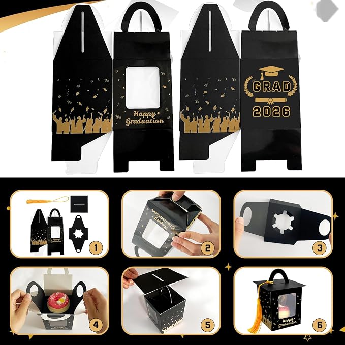 60 Pcs Graduation Cupcake Boxes Individual Cupcake Container Grad Cupcake Gift Boxes with Window for 2026 College Grad Party Bakery Wrapping (Black-60pc)