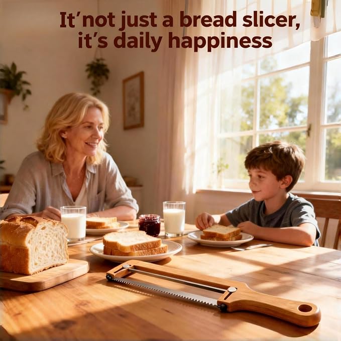 Adjustable Bread Slicer & Knife Set: Stainless Steel Blade with Wooden Handle, Even Slices for Homemade Sourdough and Crusty Breads in Home Kitchens for Baking Enthusiasts