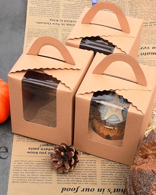 qiqee Auto-pop Brown Cupcake Boxes Individual Disposable 3.7"x3.7"x4.5" 200pcs Cupcake Disposable Single Box with Window