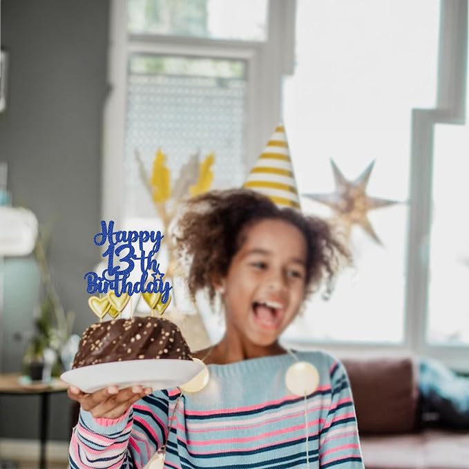 Gyufise 1Pc Happy 13th Birthday Cake Topper Glitter 13 & Fabulous Official Teenager 13 Birthday Cake Pick for Celebrating 13th Birthday Anniversary Party Cake Decorations Supplies Blue