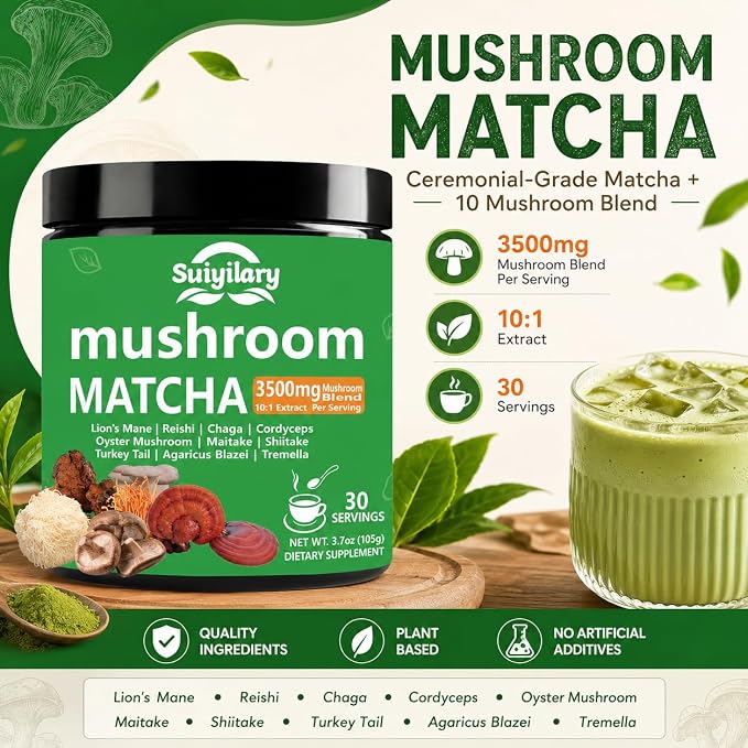 Suiyilary 10 Mushroom Matcha Powder with Lion's Mane, Reishi, Mushroom Polysaccharides & More, Japanese Ceremonial Matcha for Focus, Energy, Immunity Boost, Memory - 30 Serving