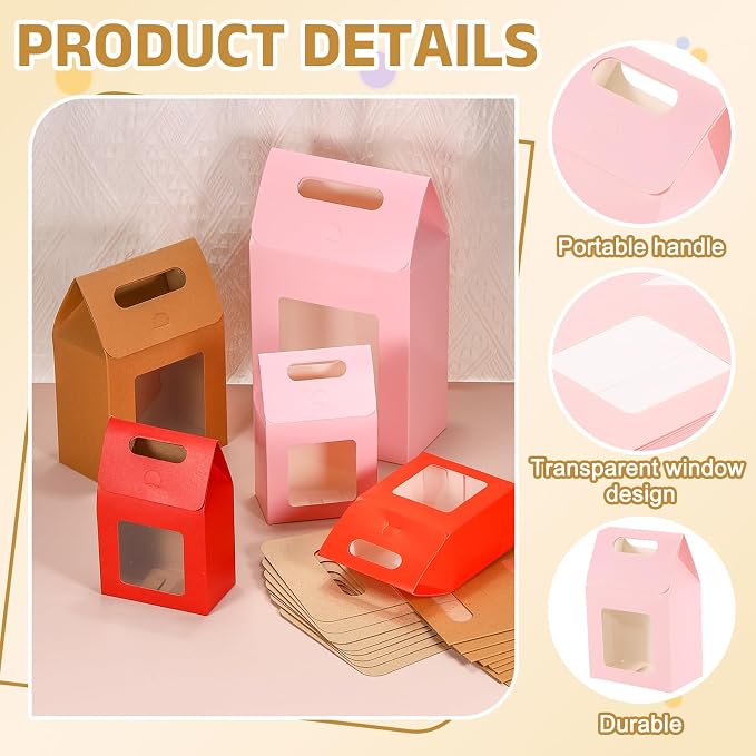 uxcell 12Pcs Gift Boxes, Favor Box with Clear Window and Handle, Stand Up Favor Treat Boxes for Candy, Cookies, Party Store, Packaging, Wedding, Pink