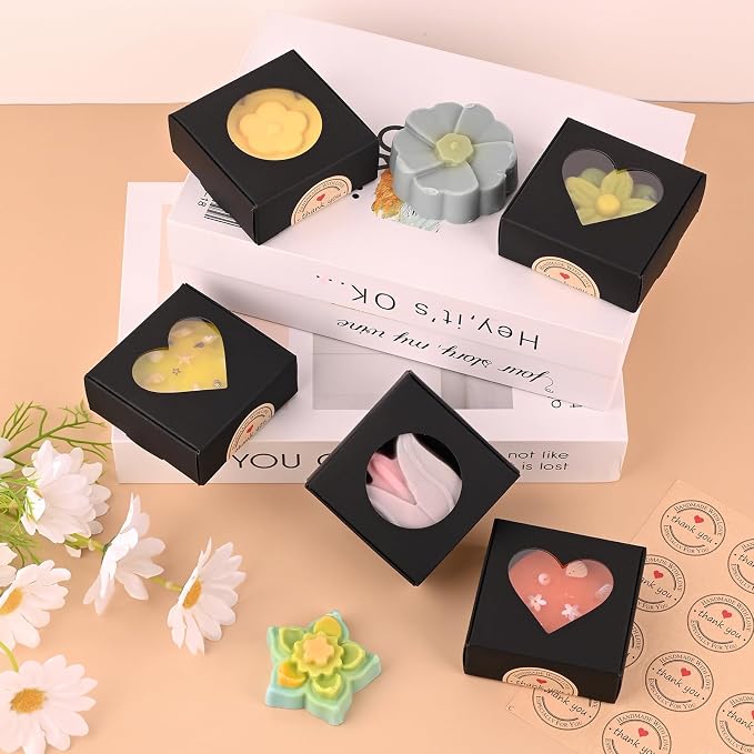 Moukiween 30 PCS Black Soap Boxes for Homemade Soap, 2.95 X 2.95X 1.18 Inch Packaging Gift Boxes with Window, Small Square Soap Wrapping Boxes (Black)
