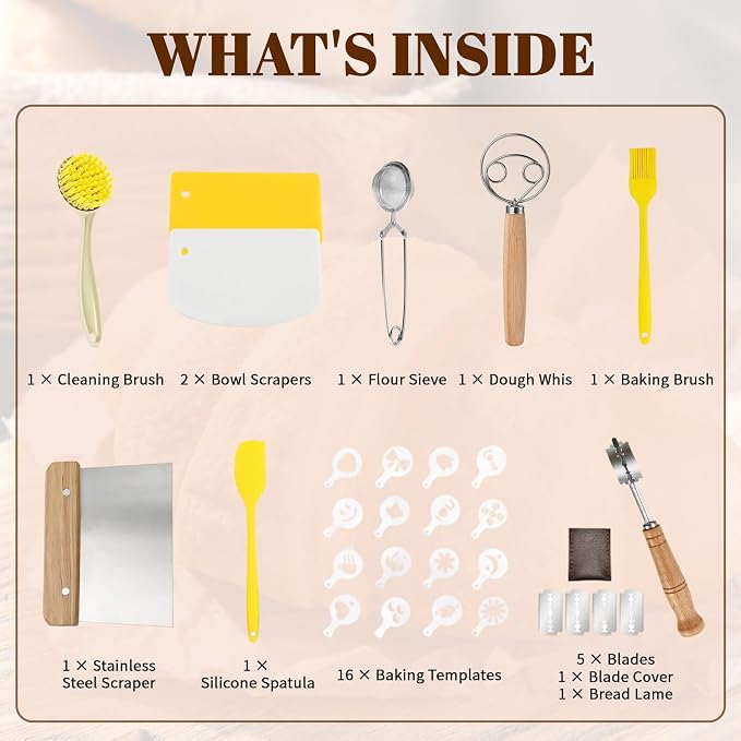 Sourdough Bread Baking Tool Set with Bread Lame & Blades Danish Dough Whisk Bowl Scraper Dough Scraper, Cleaning Brushand Silicone Brush Filter Tennis Ball,Spraying template, Sourdough Starter Kit