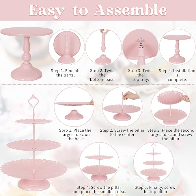 Fivenl 8 Pcs Cake Stand Pink Metal Dessert Table Display Set, 3-Tier Cupcake Stand, Cake Display Tower and Cookie Tray Rack Serving Tray for Birthday Party, Weddings, Baby Shower (Pink)