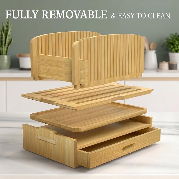 Bamboo Bread Slicer for Homemade Bread, Adjustable Cutter Guide with Crumb Tray, Storage Drawer and Serving Board, Compact Slicing Tool for Even Sourdough and Sandwich Loaf Cuts
