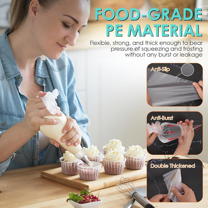 HOTEC 200Pcs 12 Inch Anti-Burst Disposable Piping Bags, Non-Slip Food Grade BPA-Free Pastry Bags for Cake, Cupcake, Cookie Cream Frosting Decorating Baking Supplies
