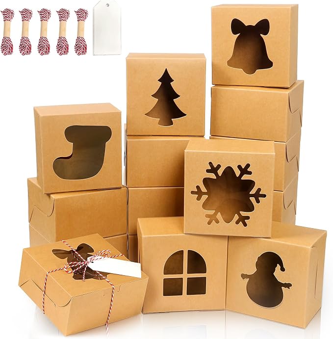 36 PCS Brown Bakery Boxes with Window, 6x6x3 Inch Christmas Cookie Boxes for Gift Giving, 6 Inch Small Treat Boxes for Mini Cake Pastry Dessert Strawberries Cupcakes Candy Donut Packaging