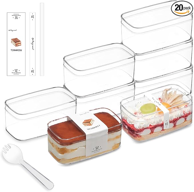 20 Pack 10OZ Rectangle Clear Plastic Dessert Cups with Lids and Sporks&Stickers Disposable Fruit Cups for Dessert,Tiramisu container with lid,Cupcake,Parfait,Pudding,Iced Cold Drinks,Fruits