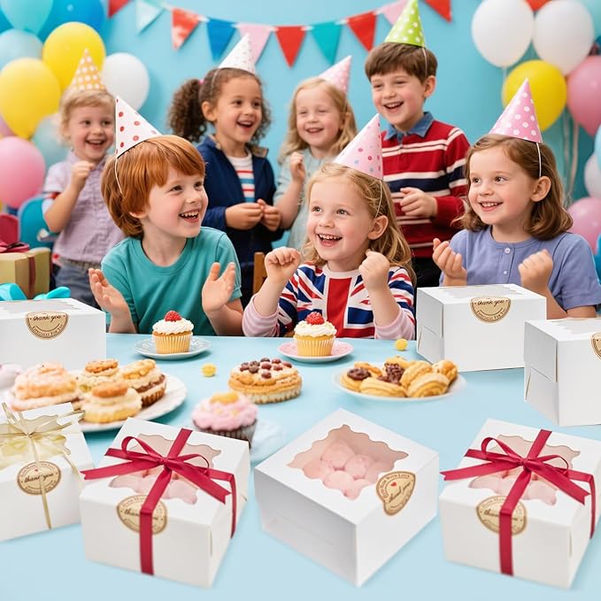Homrelaxy 30pcs White Cookie Boxes with Window, 4x4x2.5 Inches Small Bakery Boxes with Stickers, for Mini Cake, Macaroon, Cupcakes, Treat Dessert, Candy, Donuts, Cookies, Strawberries, Chocolate