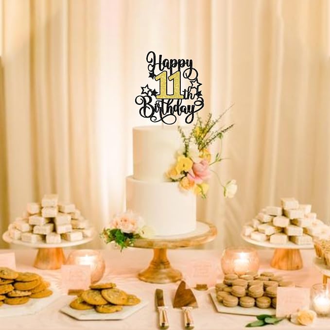 1 PCS Happy 11th Birthday Cake Topper Black Gold Glitter Cheers to 11 Years Birthday Cake Pick Hello 11 Fabulous Cake Decoration for Happy 11th Birthday Anniversary Party Decorations Supplies