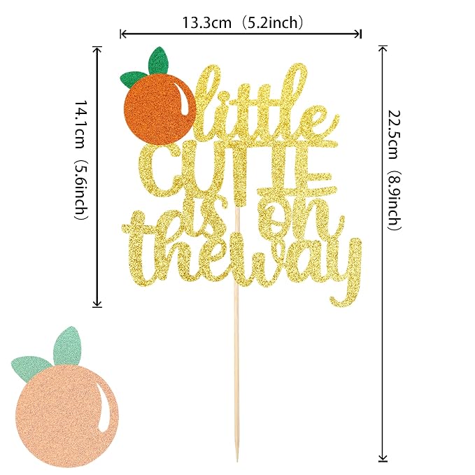 1 PCS Assembled Little Cutie is on the Way Cake Topper with Glitter Orange Cake Pick Decorations for Citrus Theme Baby Shower Kids Birthday Party Supplies