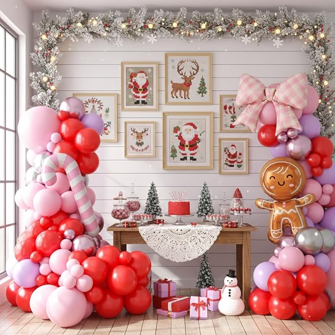 Christmas Balloon Arch Kit, Red Pink Purple Metallic Silver Balloons with Gingerbread-Style Foil,Bow Foil,Pink Candy Cane Balloons for Girl Birthday Party Decorations Baby Shower Backdrop