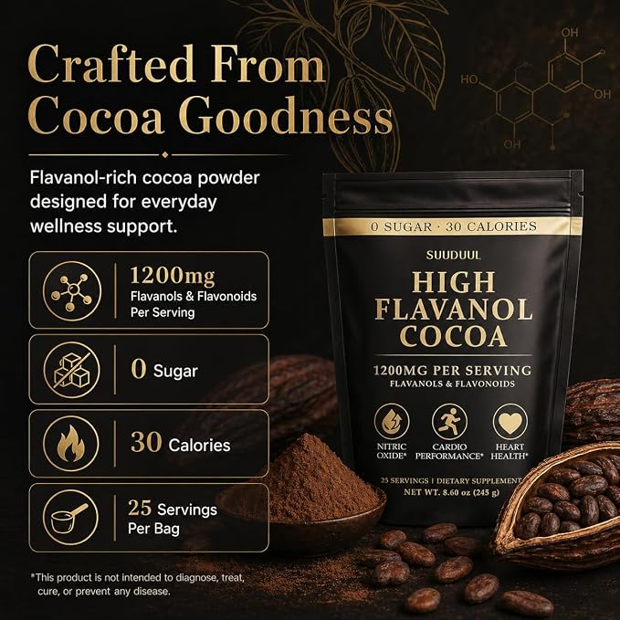 High Flavanol Cocoa Powder 245g, 1200mg Cocoa Flavanols & Flavonoids Per Serving with 600mg Epicatechin, 10X Concentrated Cocoa Extract, Premium Cocoa Powder for Daily Use