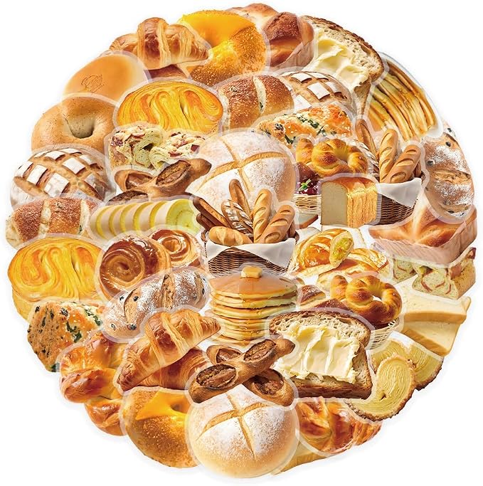 Bakery Bread Stickers Pack 50 PCS, Playful Aesthetic PET Waterproof Die-Cut Pastry Food Sticker Set for Water Bottles Laptop Luggage Skateboard, Scrapbook Journal Phone Case Notebook