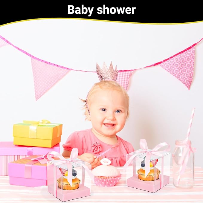 EUSOAR Plastic Pink Cupcake Boxes, 12pcs 3.5 Inch Clear Individual Cupcake Containers Storage for Cake Dessert, Single Transparent Cupcake Holder Carrier with Ribbons for Wedding Party Bakery Favor
