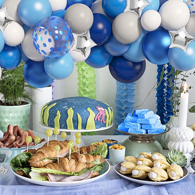 Amandir Navy Blue Balloons Arch Garland Kit, 144Pcs Royal Light Blue Confetti Silver Star Foil Balloons for Blue Birthday Baby Shower Wedding Graduation Party Decorations Supplies
