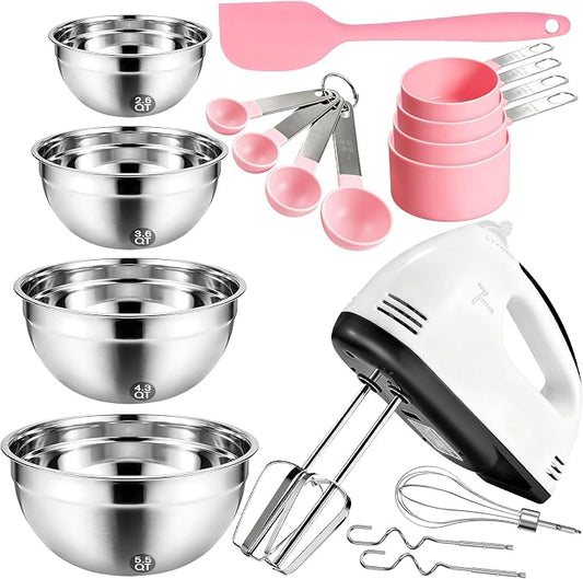 Showvigor Electric Hand Mixer with Stainless Steel Mixing Bowl Set –7 Speeds Turbo-Boost Hand Mixer with Large Mixing Bowls, Measuring Cups, Spoons & Spatula for Kitchen Cakes Eggs Baking(Pink)