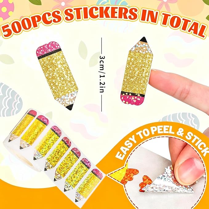500Pcs Back to School Stickers Roll Glitter Pencil Stickers Holographic Self Adhesive Envelope Decals for First Day of School Labels Sticker Scrapbook Scrapbook School Party Supplies