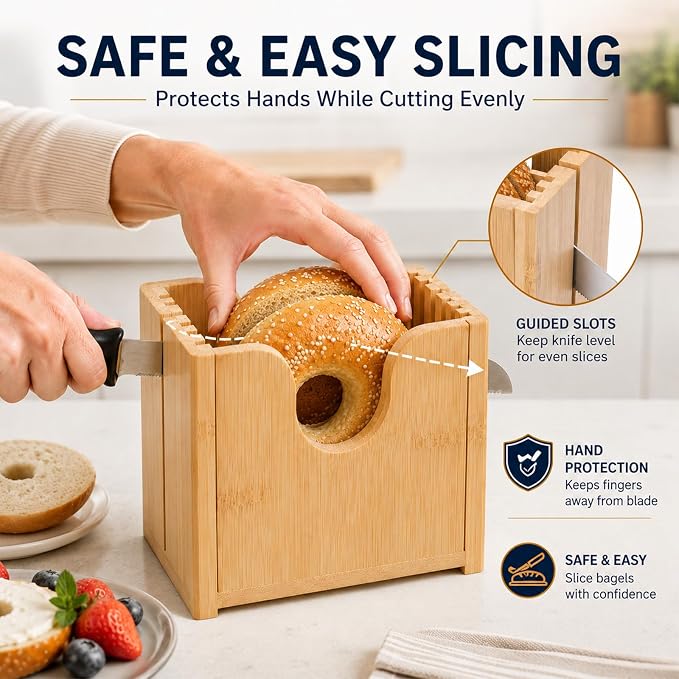 Bamboo Bagel Slicer for Homemade Bread, Wooden Bread Cutting Guide with Cleaning Brush, Safe Bagel Cutter for Bagels, Muffins, Rolls and Small Bread Loaves