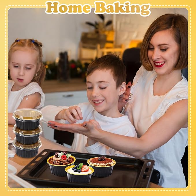 Gejoy 400 Pcs Aluminum Foil Baking Cups with Lids 5 oz Disposable Ramekins Mini Cake Pans Creme Brulee Cupcake Liners Muffin Dessert Container for Wedding Birthday Party (Elegant,Black Color)