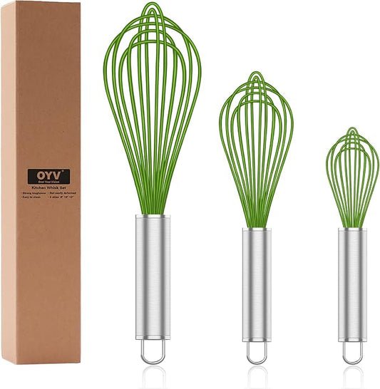 OYV Silicone Whisk,Professional Whisks For Cooking Non Scratch,Stainless Steel & Silicone Wisk,Plastic Rubber Whisk Tool For Nonstick Cookware Pans,Silicon Wisks Set of 3,Green.