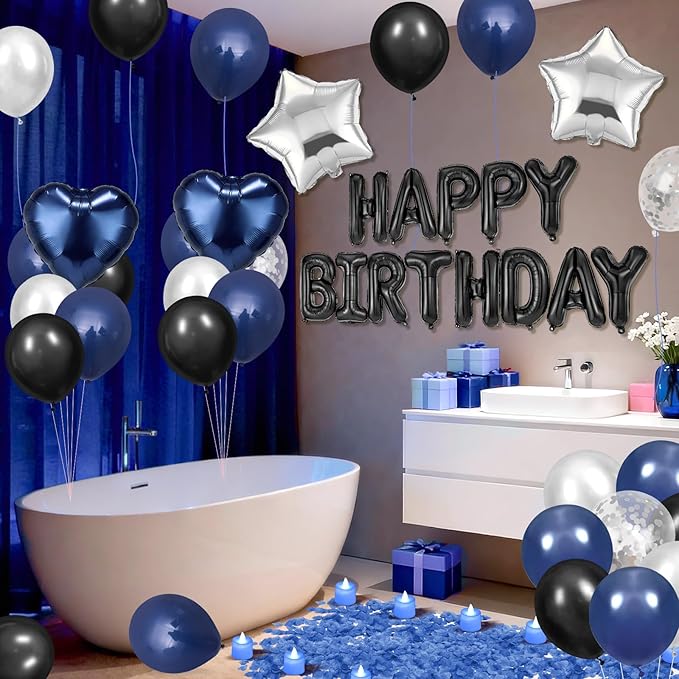 Blue Black Happy Birthday Balloons Decorations Navy Blue Black Birthday Balloon Letters Banner with Star Heart Balloons Artificial Rose Petals 24 Flameless LED Candles for Birthday Party Supplies
