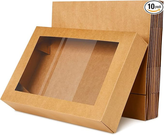 Gersoniel 19x14x4 Inch Half Sheet Cake Boxes Large Rectangle Bakery Boxes with Window Cardboard Treat Packaging Bakery Take out Containers for Pastry Baking Donuts Cupcake Pie(Brown,10 Pack)