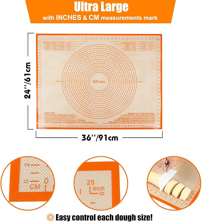 Silicone Pastry Mat 36'' By 24'' Extra Large Baking Mat with Measurements for Dough Rolling, Kneading Board, Kitchen Counter Mats for Dough, Pastry, Fondant, Pie Crust, Cookies, Bread, Pasta, Pizza