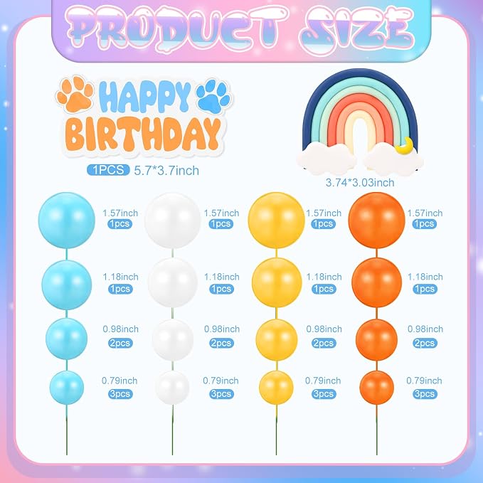 30 Pcs Blue Rainbow Cake Toppers with Blue Orange Ball Happy Birthday Cake Toppers for Birthday Wedding Party Supplies