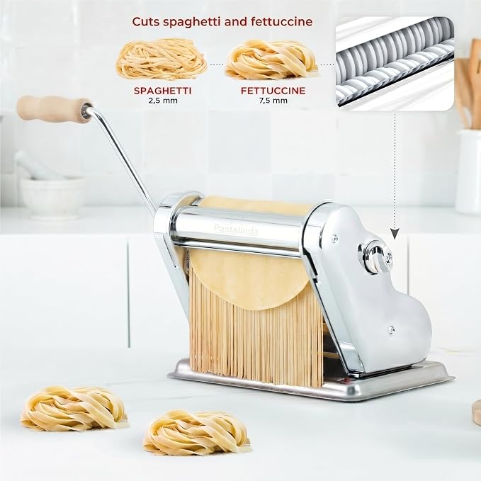 PASTALINDAClassic 200 Pasta Maker Machine, 20 cm Wide Rollers, 9 Thickness Positions, 2 Cutting Positions, Stainless Steel. Includes Reinforced Hand Crank And Two Clamps (Crome)
