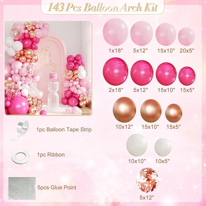Hot Pink Balloon Arch Kit, 143Pcs Pink Gold Balloons Macaron Pink White Rose Gold Balloon Garland Arch Kit Confetti Balloons for Birthday Wedding Baby Shower Gender Reveal Galentines Day Decorations