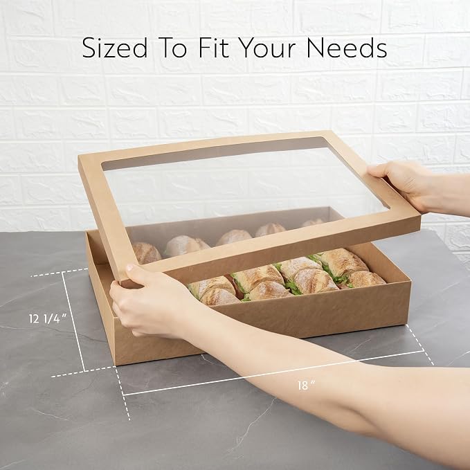 Restaurantware Cater Tek 17.9 x 12.3 x 3.2 Inch Catering Boxes 100 Insert Tab Lock Baked Goods Boxes - Window Lids Easy Assembly Kraft Paper Window Pastry Boxes For Charcuterie Or Cupcakes