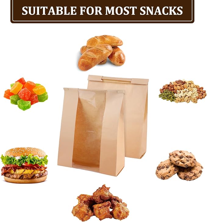 100 Pcs Bread Bags for Homemade Bread Sourdough Bags Paper Kraft with Window 14" x 8.3" x 3.5" with Tin Strip and 500 Pcs Seal Stickers for Cookies Coffee Beans and Bakery