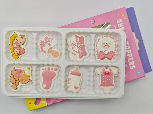 Edible 8 pieces Baby Shower for Baby Girl cake decorations, cupcake toppers, perfect Icing Cookies decro for Birthday Reveal party Team Dinner