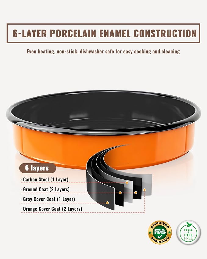 10 Inch Enamel Round Roasting Pan Deep Baking Dish for Chicken Pizza & Bread Heat Resistance Easy-To-Clean Bakeware Sheet Oven Dishwasher Safe, Birthday Gift Cake Pan