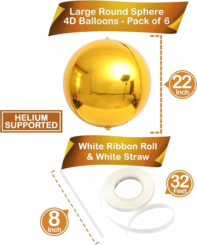 KatchOn, Large Gold Foil Balloons - Huge 22 Inch, Pack of 6 | Gold Mylar Balloons for Golden Party Decorations, St Patricks Day Decorations | Metallic Balloon for Ramadan Decorations, Birthday Party