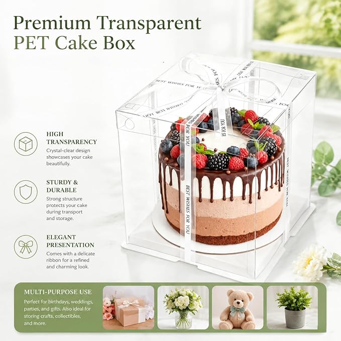 8 Pcs 10x10x12Inch Clear Cake Box with Ribbon, High Cake Box for Bakery Dessert Bread Pastry Transparent Gift Boxes for Birthdays, Weddings and Holiday Parties
