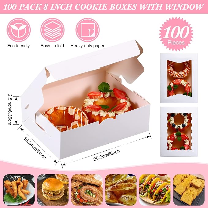 TaoBary 100 Pcs 8 Inch Bakery Boxes 8 x 6 x 2.5 Inch Cookie Pastry Boxes with 2 Style Window for Cookie Treat Chocolate Strawberries Cupcakes Candy Muffins(White)