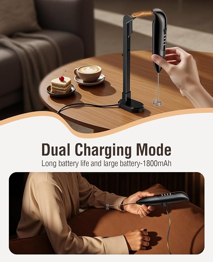 Electric Milk Frother Handheld: coffee frother rechargeable 𝟑 𝐢𝐧 𝟏 - LED Display, Adjustable Wireless Charging - 3 Speeds, Stainless Steel Whisk for Latte, Cappuccino - Bright Black