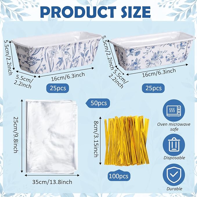 Hushee 50 Sets Blue Floral Paper Loaf Pans with Bags, 6.3x2.2x2.2" Disposable Mini Bread Baking Molds Kit Vintage Blue White Flower Cake Liners for Wedding Favors Bridal Shower Birthday Gifts