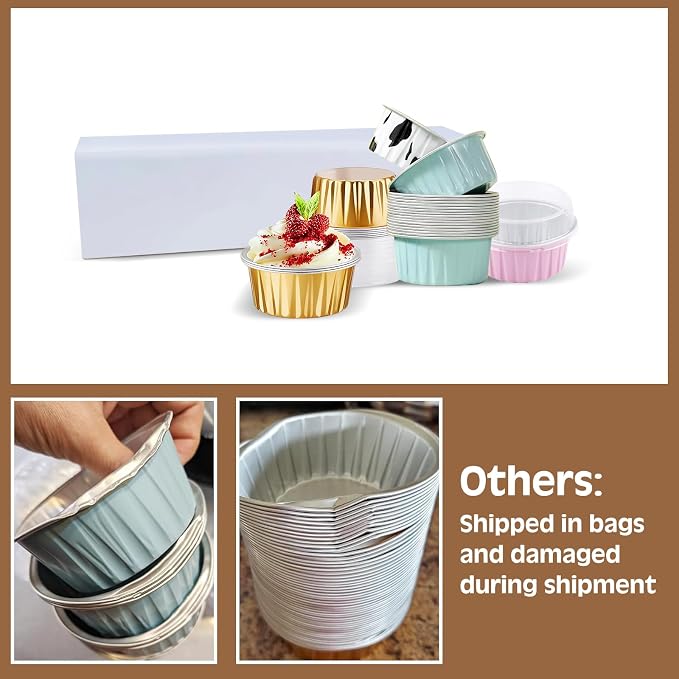 50PCS Mixed color Disposable Ramekins with lids,5oz Mini Aluminium Foil Baking Cups Creme Brulee Cupcake Liners, Desert Cheesecake Pans Flan Molds Tin Cups Containers for Party