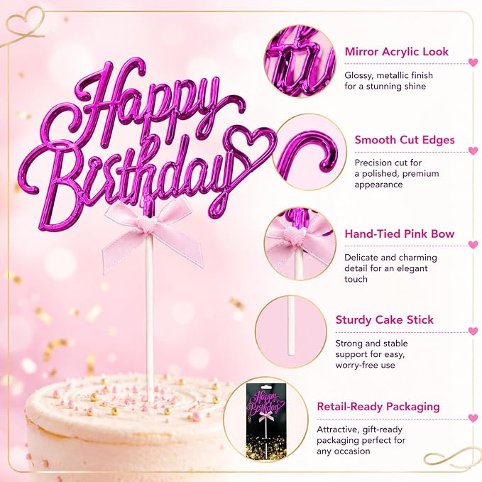 Purple Acrylic Happy Birthday Cake Topper with Heart and Bow | Glossy purple acrylic script with heart and bow adds an elegant finishing touch to birthday cakes and celebration desserts.
