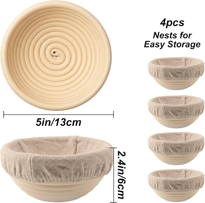 5 Inch Mini Banneton Bread Proofing Basket Set of 4, Easy-Clean Round Sourdough Proofing Basket, Small Banneton for Sourdough Bread Baking Supplies with Liners