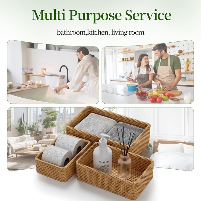 Rattan Storage Basket, 3 Pack Hand Woven Rectangular Fruit Baskets for Serving, Picnic Basket, Wicker Storage for the Living Room Kitchen (Honey Brown)