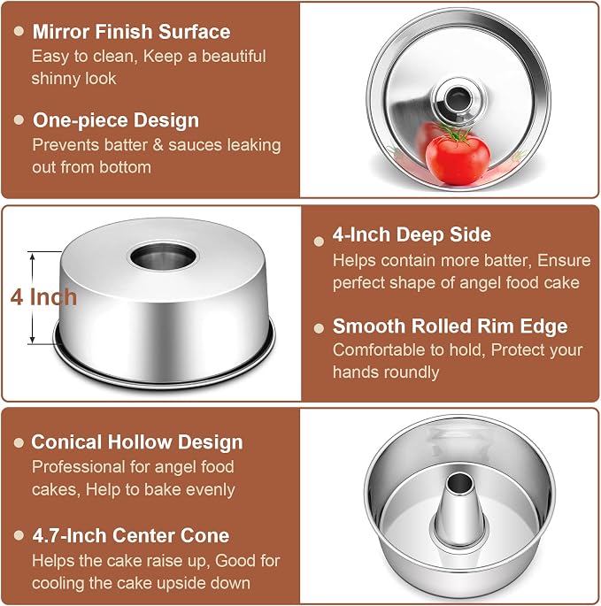 P&P CHEF Angel Food Cake Pan, 10 Inch Cake Pan Round Baking Tube Tin for Baking Pound Cakes, Conical Hollow & One-piece Design, Stainless Steel Core & Heavy-duty, Oven Safe - Silver
