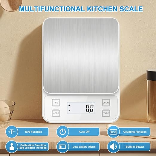 22lb Rechargeable Stainless Steel Scale, Diyife Large Kitchen Food Scale with 0.1g/0.001oz High Precision, LCD Display, 10 Unit, Waterproof IPX67, Washable, Hangable, for Baking, Cooking, White