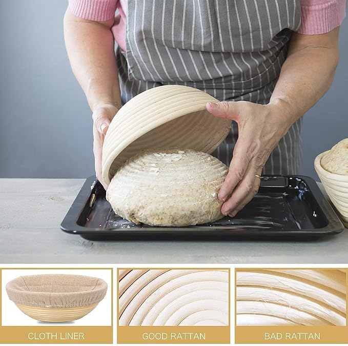 Sourdough Starter Kit of 9-Inch Round and 10-Inch Oval Banetton Proofing Baskets Complete Sourdough Bread Baking Supplies, Bread Lame + Dough Wisk + Stainless Steel Dough Scrapers + Cleaning Brush
